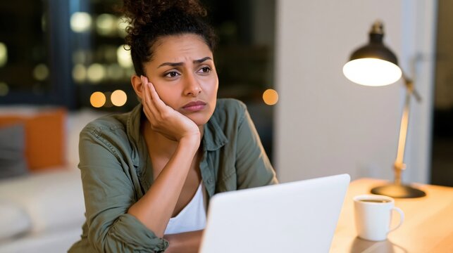 Uncertainty in Focus: A woman, deep in thought, leans on her hand while gazing thoughtfully at the laptop screen. A portrait of contemplation during the late evening.