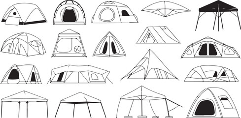 Camping tent icons collection featuring various outdoor shelter designs and related equipment for adventure Outdoor Shelter Designs © KULSUM