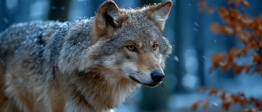 A wolf with snow on its fur in a winter forest captures the untamed beauty of nature, providing a striking backdrop for articles on predator conservation,  
