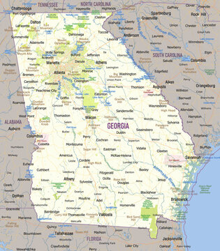 Detailed geographic and road map of the State of Georgia, USA, highlighting major cities, interstate highways, and diverse topographical features.