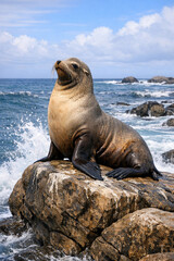Obraz premium A sea lion sitting on a rock near the ocean.