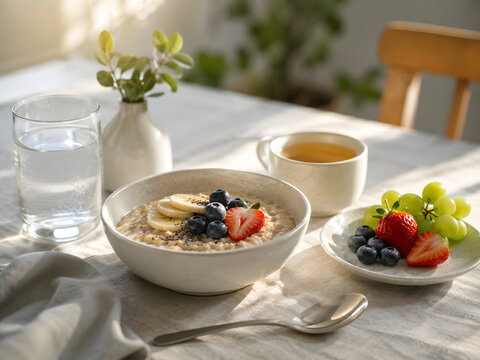 Title: Healthy breakfast bowl with oatmeal fresh berries grapes tea and water in morning light