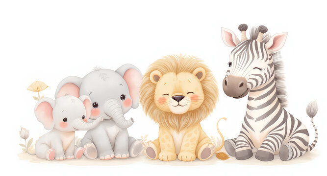 Cute watercolor baby safari animals sitting together, including elephants, a lion cub, and a zebra foal.