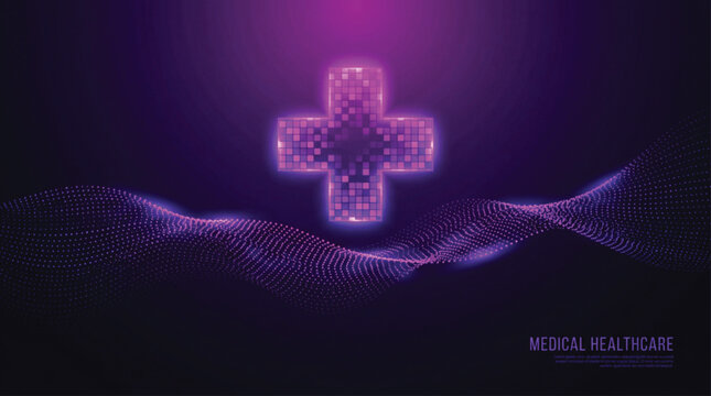 Glowing purple digital medical cross symbol floating above abstract particle wave background representing modern healthcare technology and advanced hospital information systems concept.
