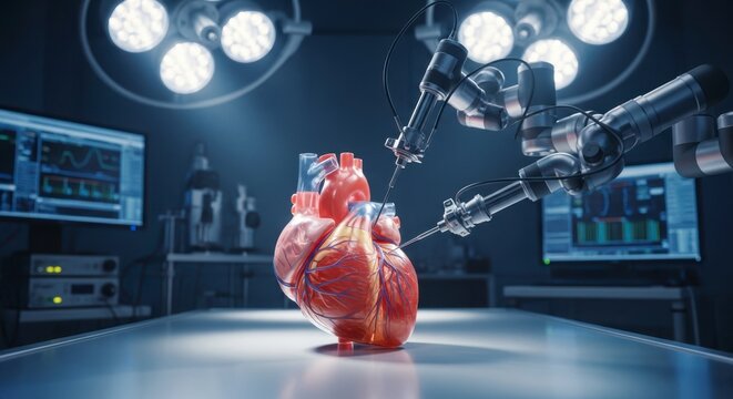 Robotic arm performing surgery on a heart model in a medical laboratory