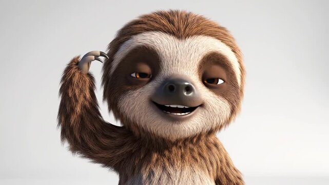 Cute cartoon sloth character smiling on white background