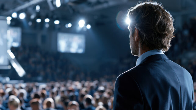 Motivational speaker business conference keynote speech leadership audience spotlight professional seminar presentation public speaking corporate event business man blurred crowd back view stage