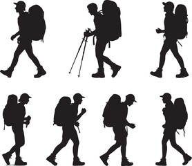 Naklejka premium Silhouette of hikers and backpackers walking in various poses