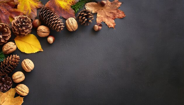 colorful fall leaves nuts and pine cones corner border over a rustic dark banner background overhead view with copy space