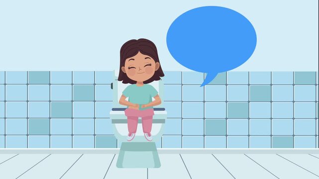 Little girl sitting on toilet with speech bubble in bathroom animation.