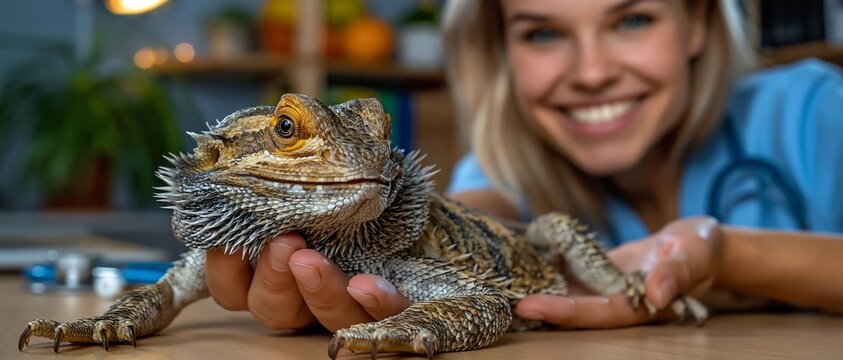 The bearded dragon in the hands of the smiling female vet provides a caring veterinary backdrop for articles on keeping exotic pets, reptile health and the bond between humans and animals.