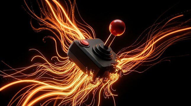 Black joystick controller with glowing orange light trails, retro gaming gear.