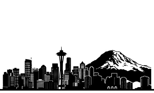Seattle Skyline Silhouette with Space Needle and Mount Rainier
