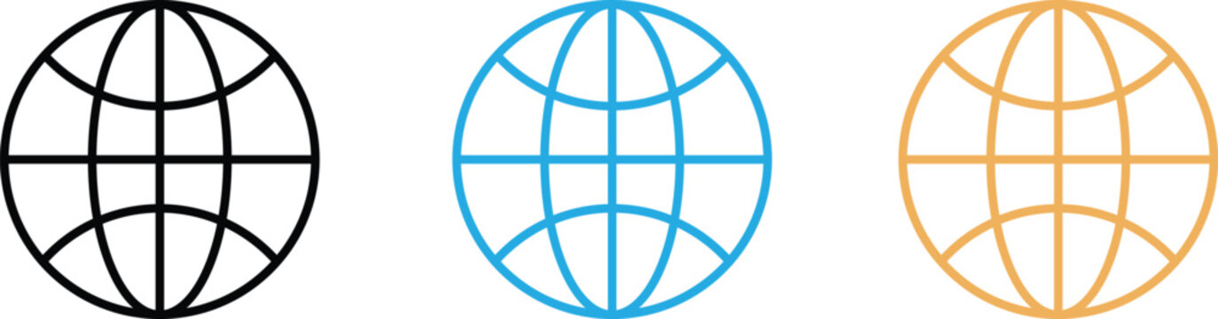 Globe and World Icon Set in Black, Blue, and Orange Outline Vector Styles