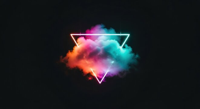 Neon triangle surrounds colorful cosmic cloud