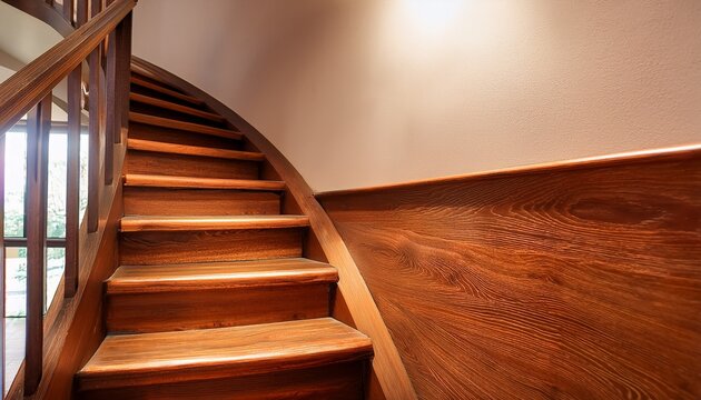 wooden stairs step handrail curve interior design warm lighting architecture details