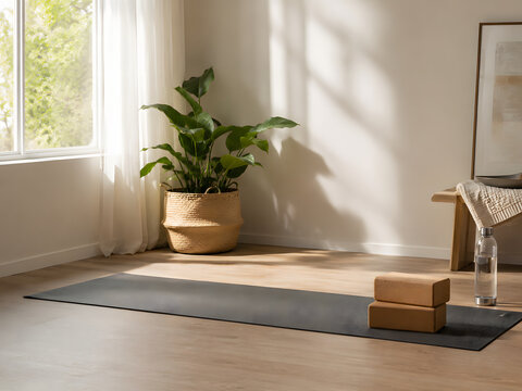 Minimal home yoga space with mat cork blocks water bottle plant and natural sunlight