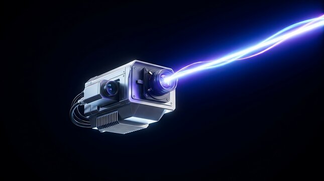 Security camera emitting bright blue laser beam.