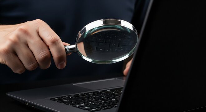 Magnifying glass over laptop keyboard, close-up, digital investigation, data analysis