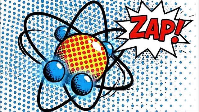 Atomic structure with orbiting electrons and a 'ZAP!' speech bubble, comic book style