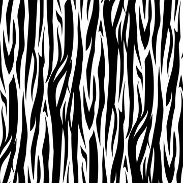 Seamless zebra skin pattern. Black and white striped animal print texture. Vector background for fashion, textile, and safari designs.