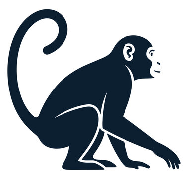 Monkey silhouette profile view crouching with curled tail on transparent background