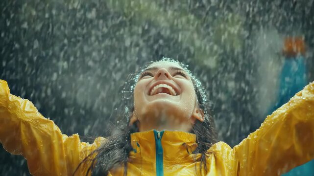 A woman smiling and embracing rain, wearing a yellow rain jacket, surrounded by raindrops.