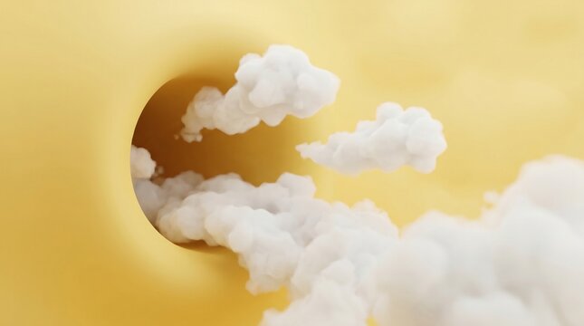 Clouds emerging from a round hole on a soft yellow background abstract