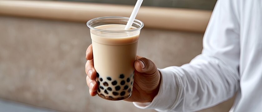 Close up of a hand holding bubble tea drink in a clear cup with tapioca pearls against a blurred background with natural light