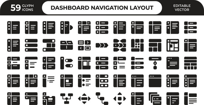 Dashboard Navigation Layout Icon Set Featuring UI Panels, Menus, Lists, Grid Systems, Widgets and Interface Structure Elements