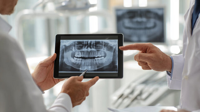 dentist explaining dental x-ray to patient in modern dental clinic, professional healthcare consultation, digital tablet showing teeth scan