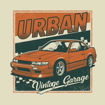 Retro Orange JDM Sports Car Vintage Garage Poster Illustration