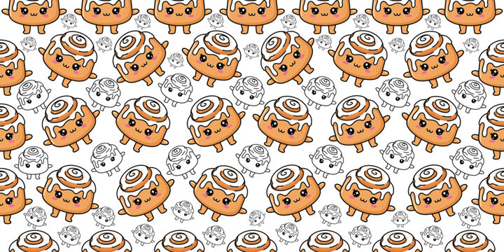 Cute kawaii cinnamon rolls seamless pattern vector illustration sweet treats