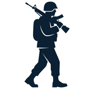 silhouette of a soldier walking with a rifle and backpack on white background