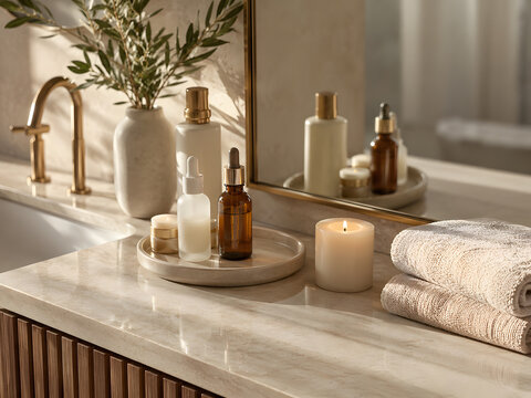 Elegant bathroom vanity with skincare bottles candle towels and warm spa atmosphere