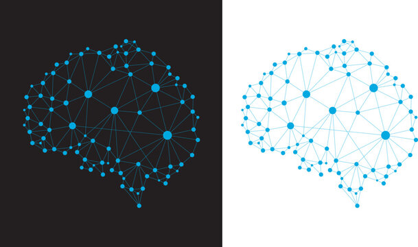 Neural network brain illustration with blue dots and lines victor illustration