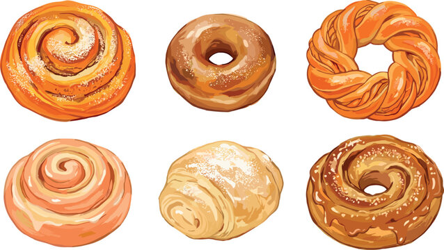 Pastry Icon Set Featuring Different Types of Cinnamon Rolls, Donuts, and Sweet Breads for Bakery, Dessert, and Food Themes