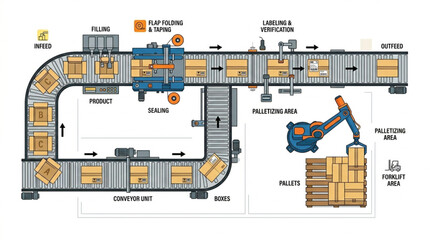 Automated warehouse conveyor belt system with robotic arm loading boxes onto pallets. © Joni