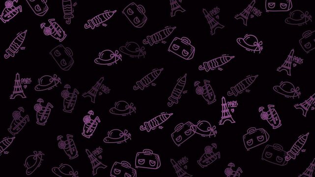 Seamless pattern of purple space icons on black background