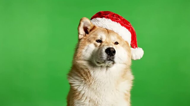Cute Akita dog wearing a festive Santa hat on a vibrant green background, ready for holiday celebrations.