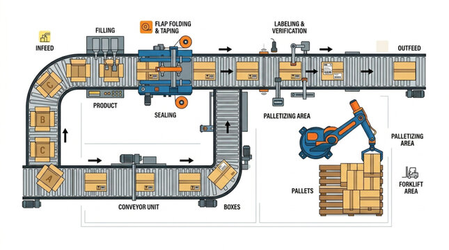 Automated warehouse conveyor belt system with robotic arm loading boxes onto pallets.