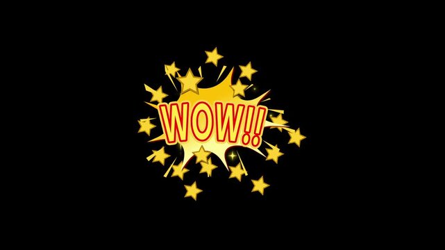 WOW Retro comic pop art caption animation with colorful bubble burst, dotted texture, shining star particles and dynamic motion flow on black background in 4K video