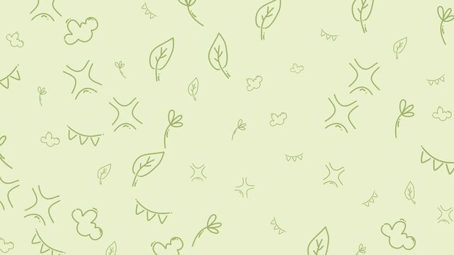Seamless green pattern with hand-drawn leaves and clouds