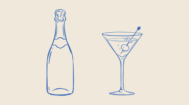 Minimalist martini glass and champagne bottle illustration victor illustration
