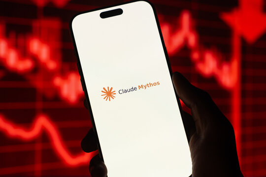 Claude Mythos logo is displayed on the screen of a smartphone, in Bangalore, India, on May 11, 2026
