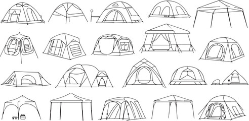 Camping tent icons collection featuring various outdoor shelter designs and related equipment for adventure Outdoor Shelter Designs © KULSUM