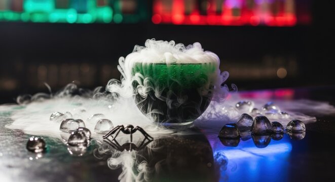Spooky green cocktail with smoke and spider