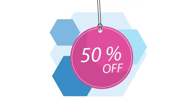Sale promotion label with fifty percent discount text on hanging pink circle over blue abstract geometric background.
