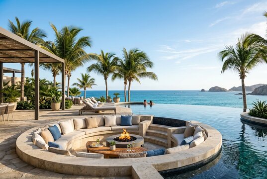 Luxury Tropical Resort Infinity Pool Fire Pit Seating Area Ocean View.