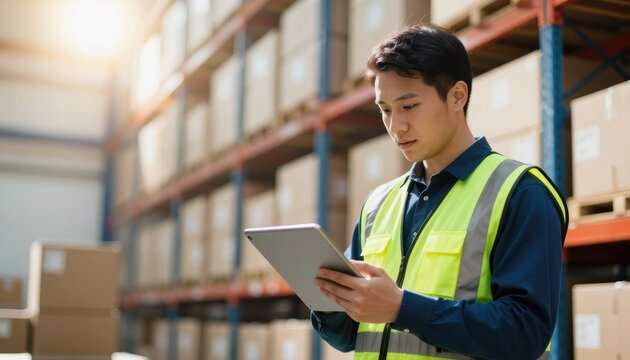 Warehouse manager using tablet to optimize inventory management in modern storage facility
